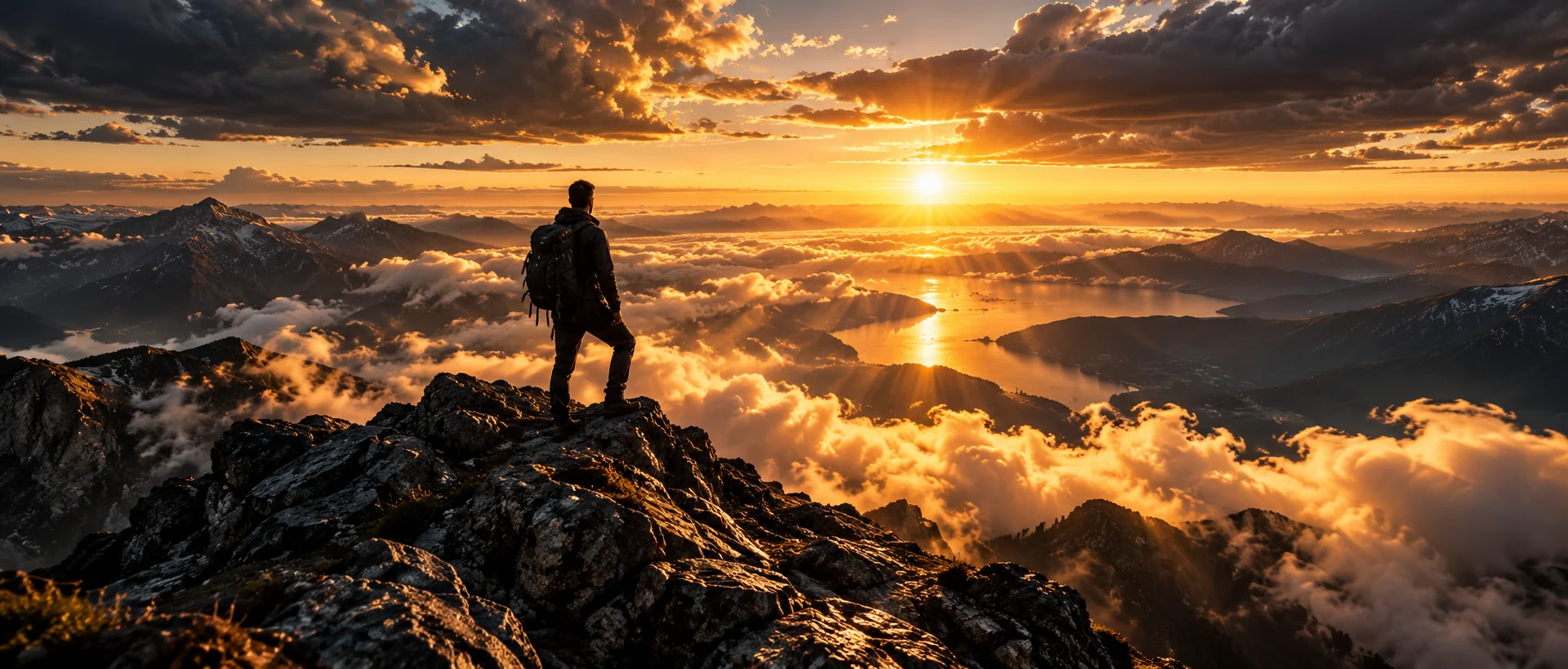 Golden-hour mountain panorama with a hiker overlooking clouds and a lake