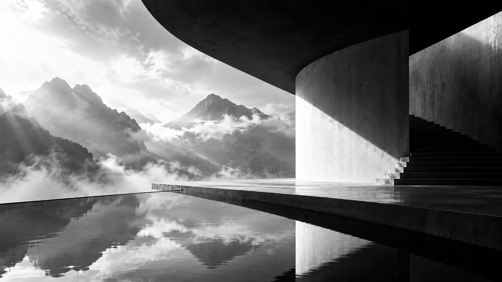 Black-and-white architectural pavilion overlooking misty mountain peaks