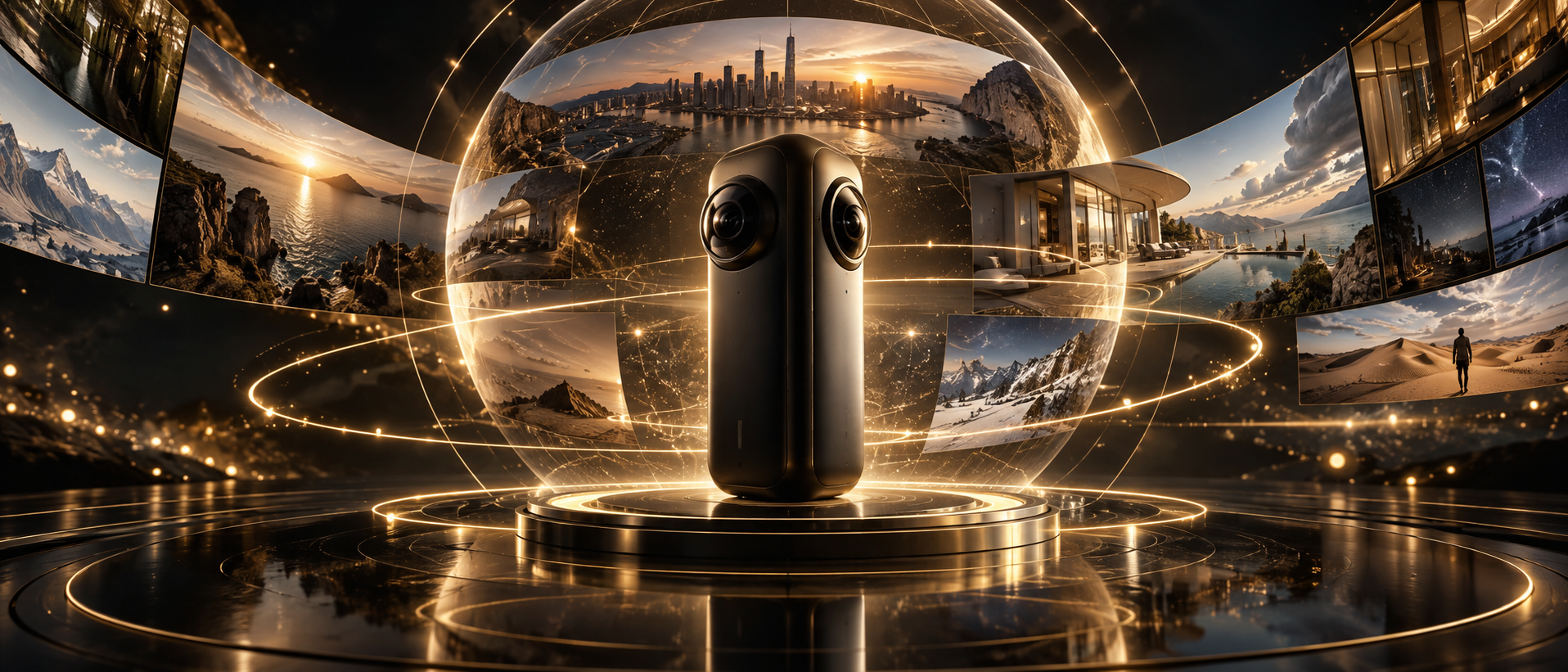 360-degree video camera surrounded by panoramic scenes